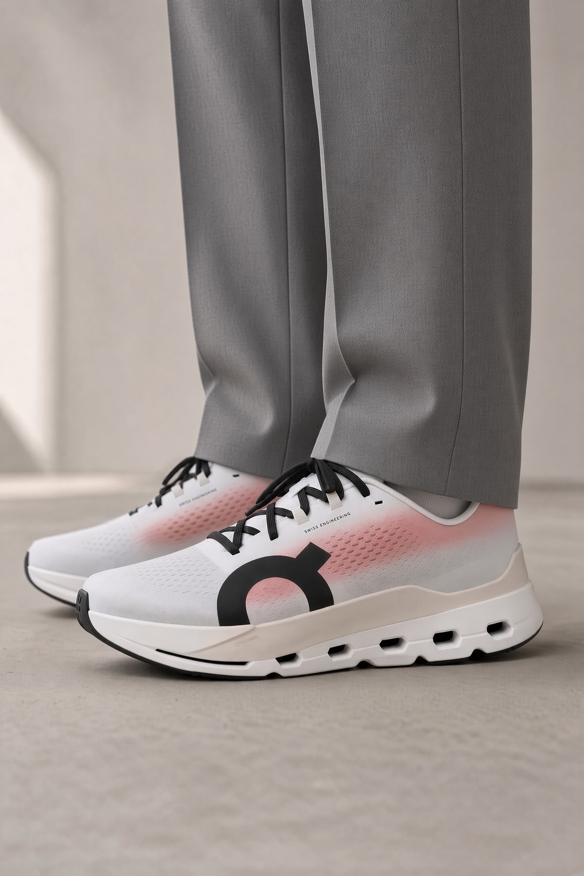 Worn on foot with grey tailored trousers